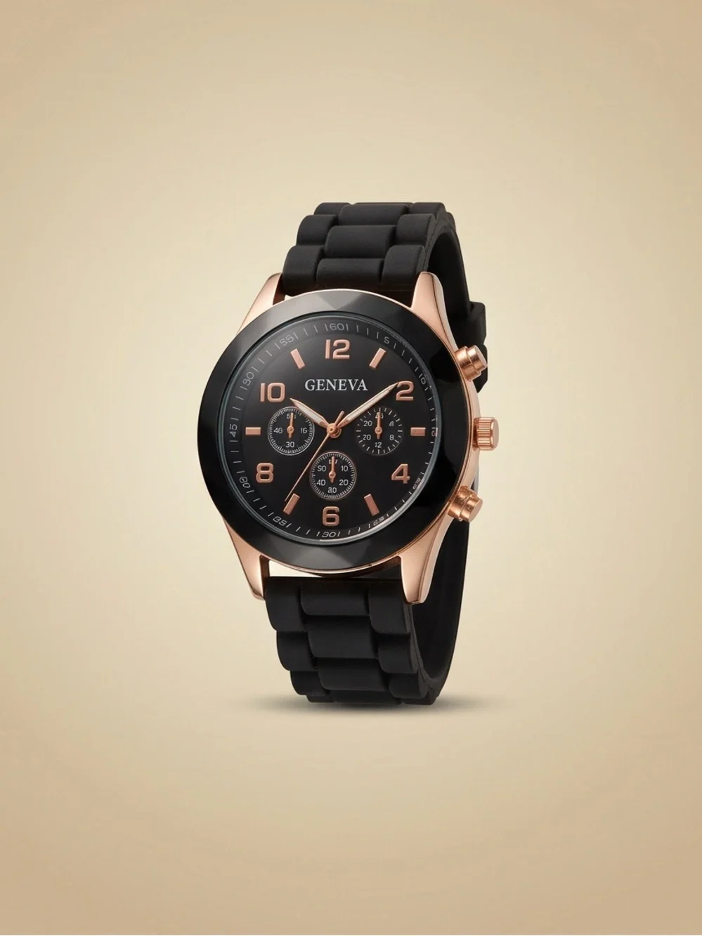 New Geneva Watch Black Silicone Band Rose Gold Tone Hardware New Battery!